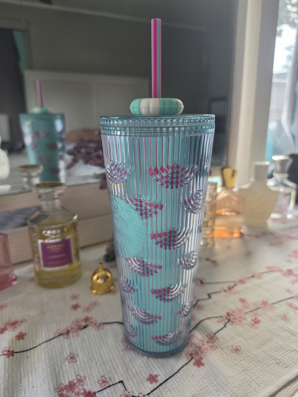Starbucks Turquoise and Pink Insulated Reusable Tumbler with Straw